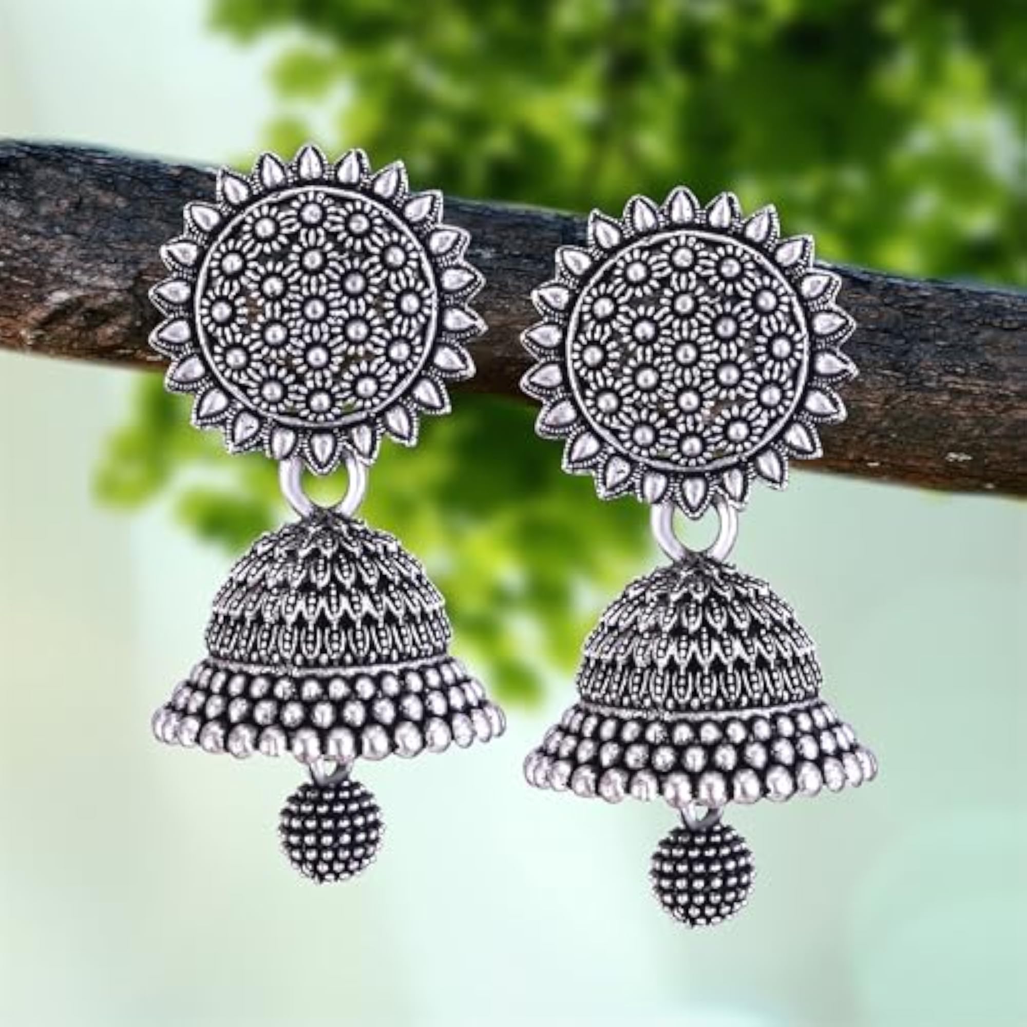 Women's Oxidised Silver Glamorous Jhumka Earrings with Pearl Accents